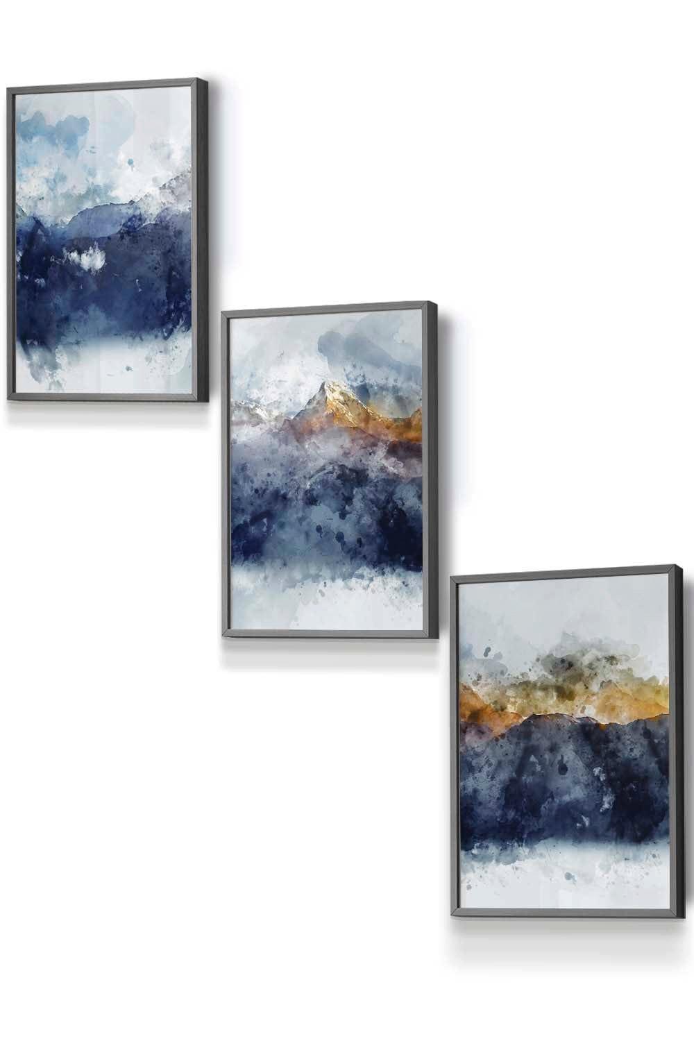 Abstract Navy Blue and Yellow Mountains Framed Wall Art - Small